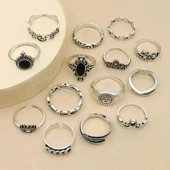 Bohemian Hippie Goth Punk Silver Ring Set - Picture 2 of 3